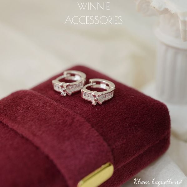  Hoa tai Bạc S925 Khoen Baguette Nơ 