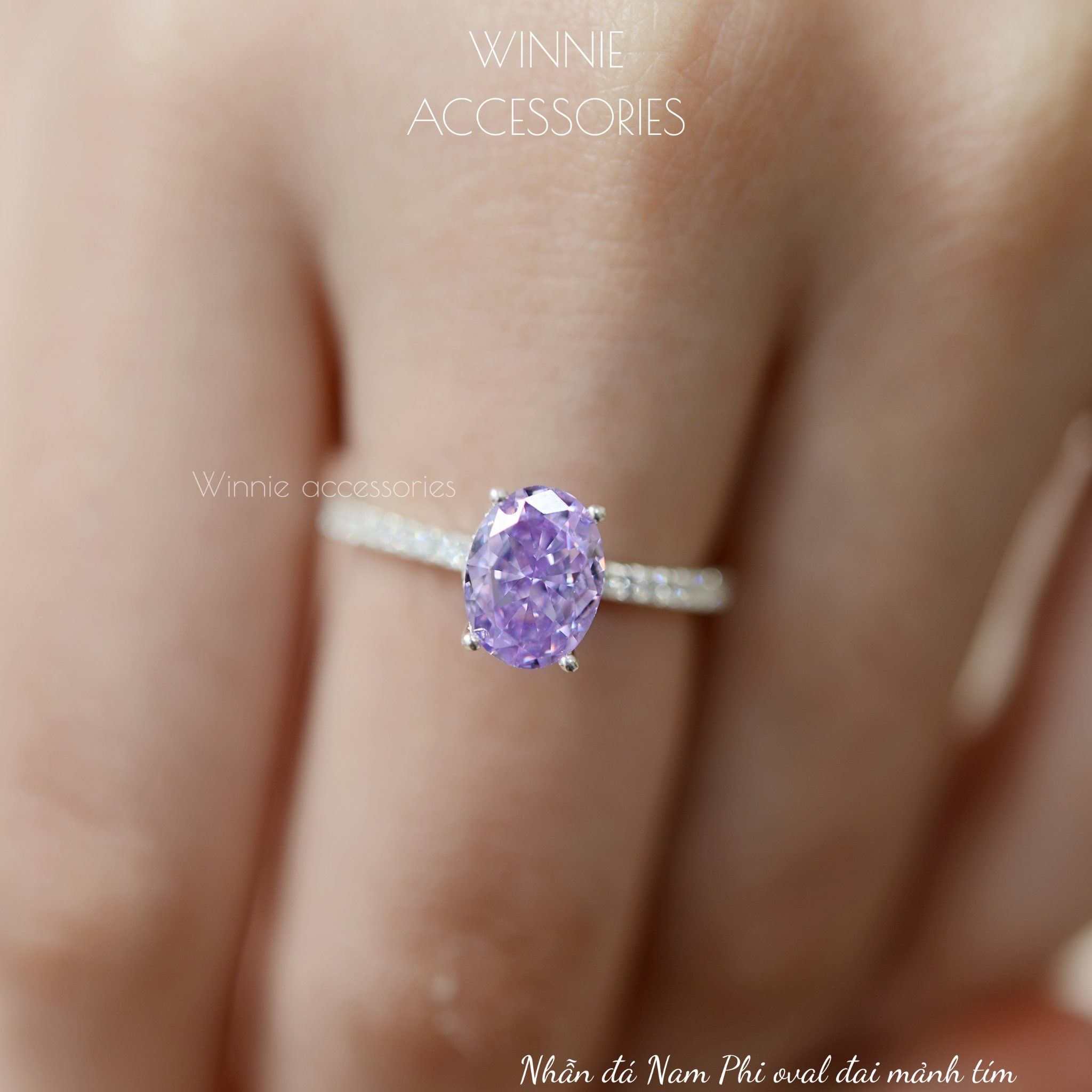  Nhẫn Bạc S925 Đá Nam Phi Oval Đai Mảnh Tím 