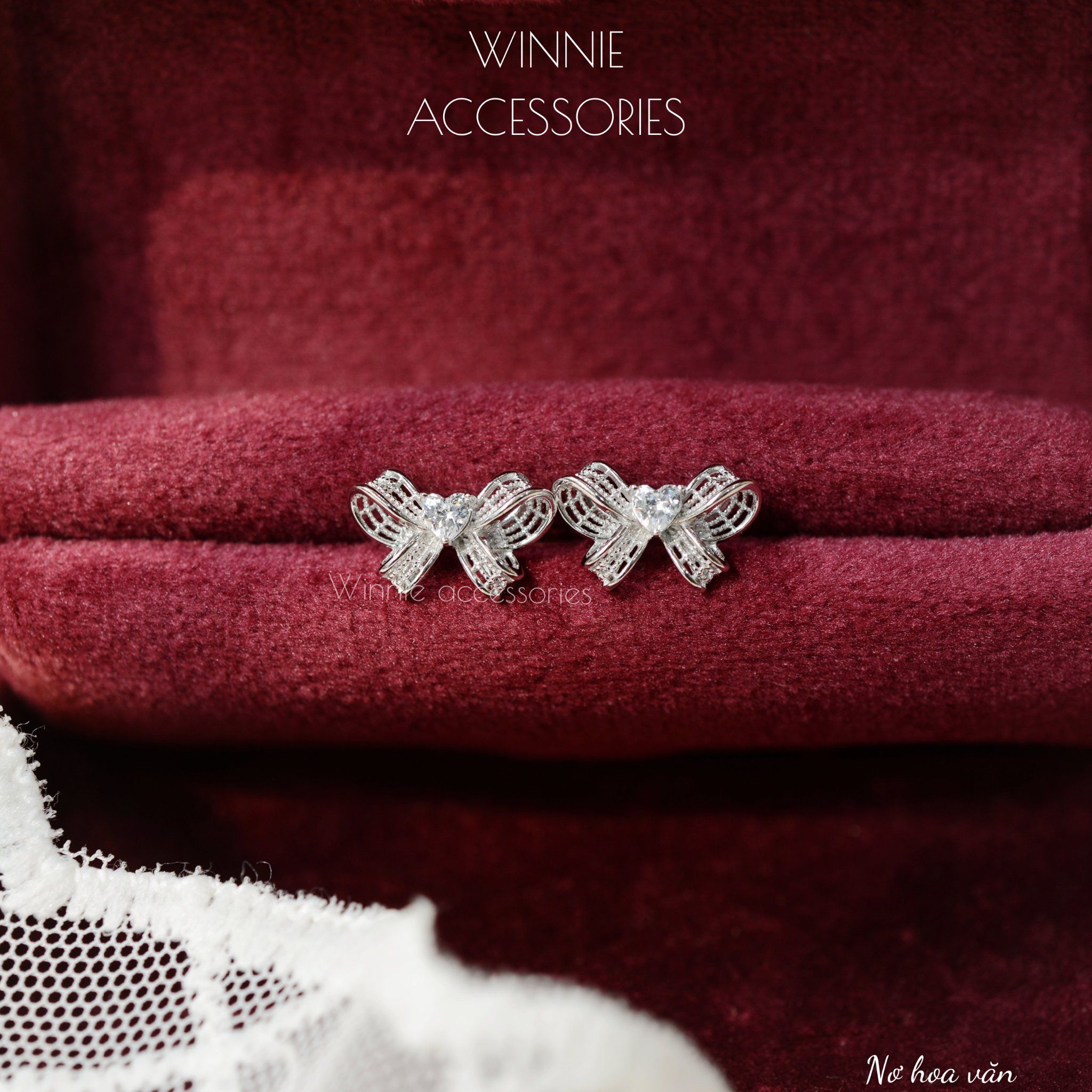  Hoa tai Bạc S925 Nơ Hoa Văn (Đã xi bạch kim) 