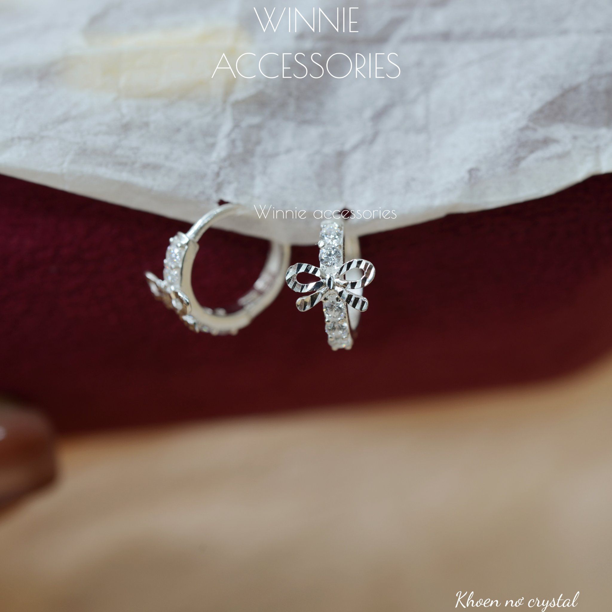  Hoa tai Bạc S925 Khoen Nơ Crystal 