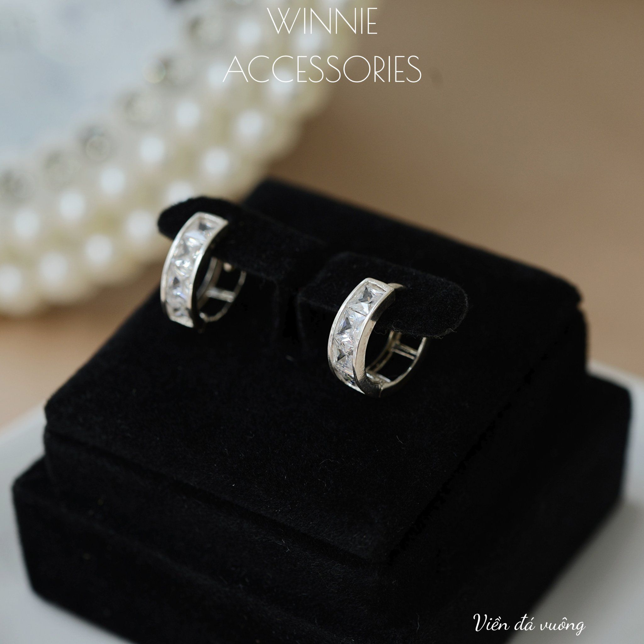  Hoa tai Bạc S925 Khoen Viền đá vuông 