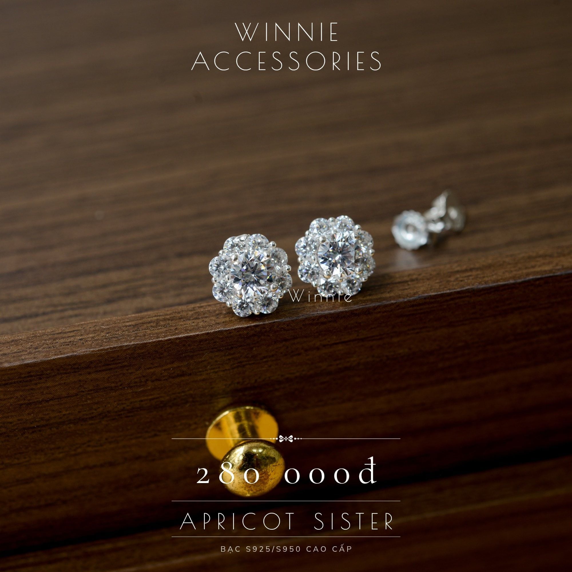  Hoa tai Bạc S925 Apricot Sister 