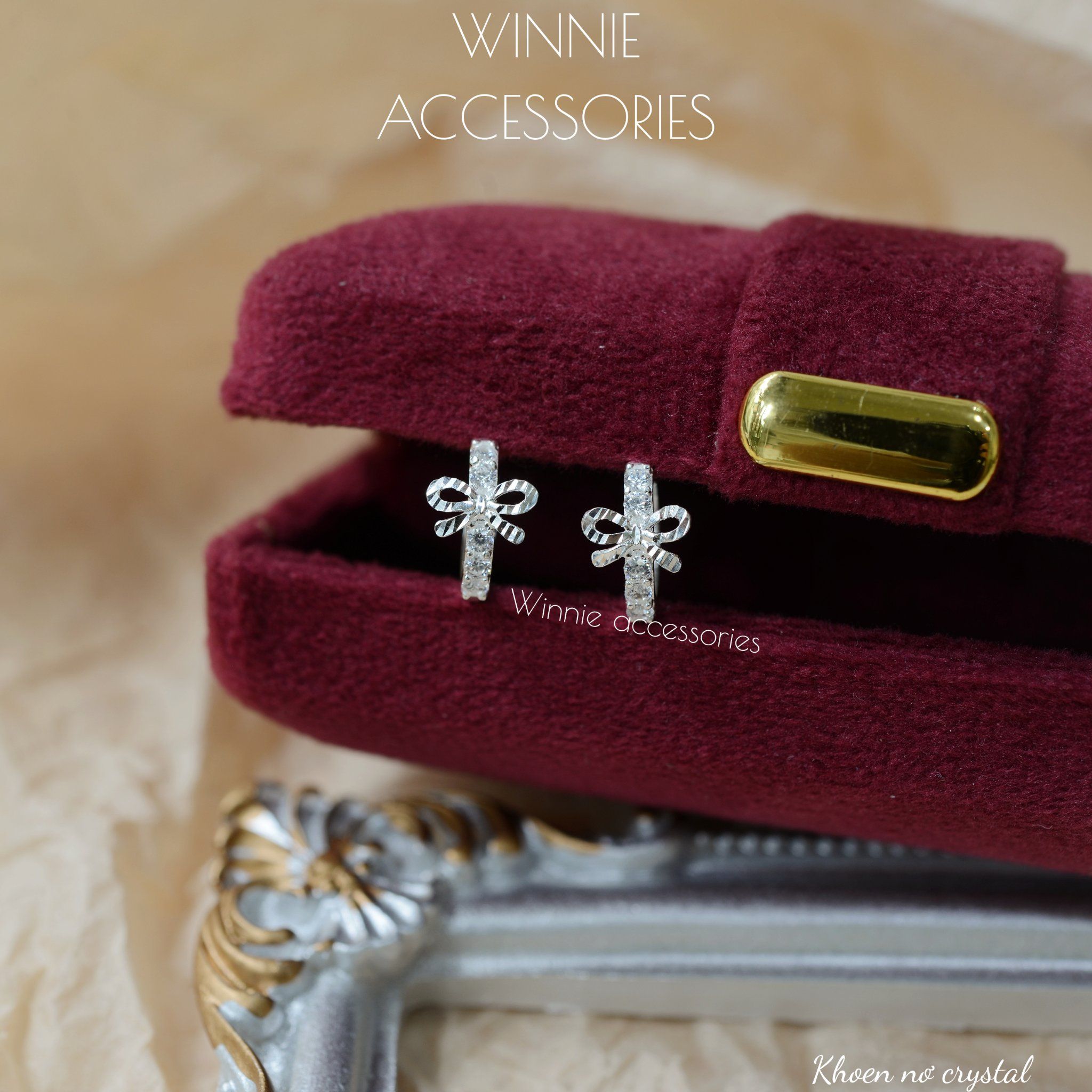  Hoa tai Bạc S925 Khoen Nơ Crystal 