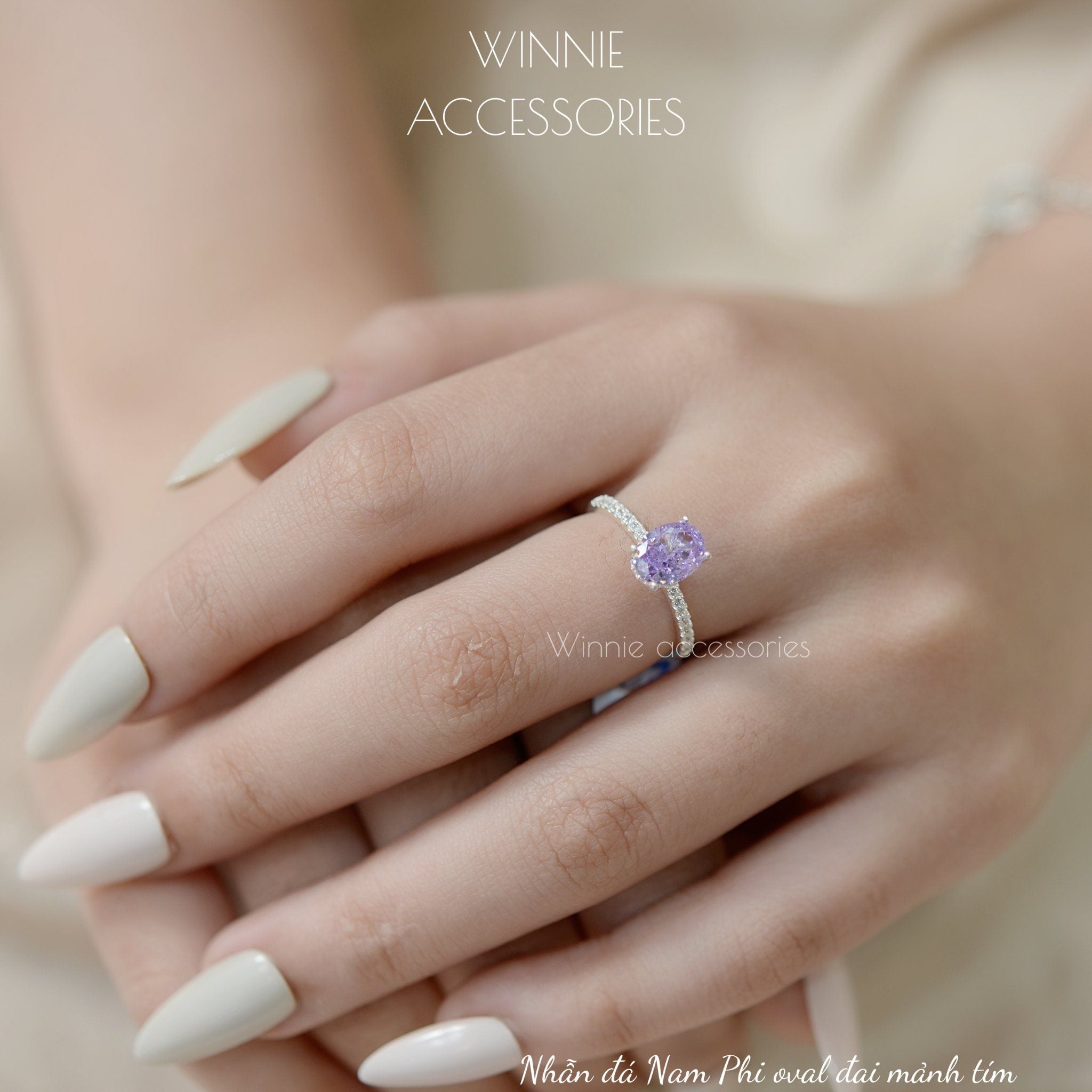  Nhẫn Bạc S925 Đá Nam Phi Oval Đai Mảnh Tím 