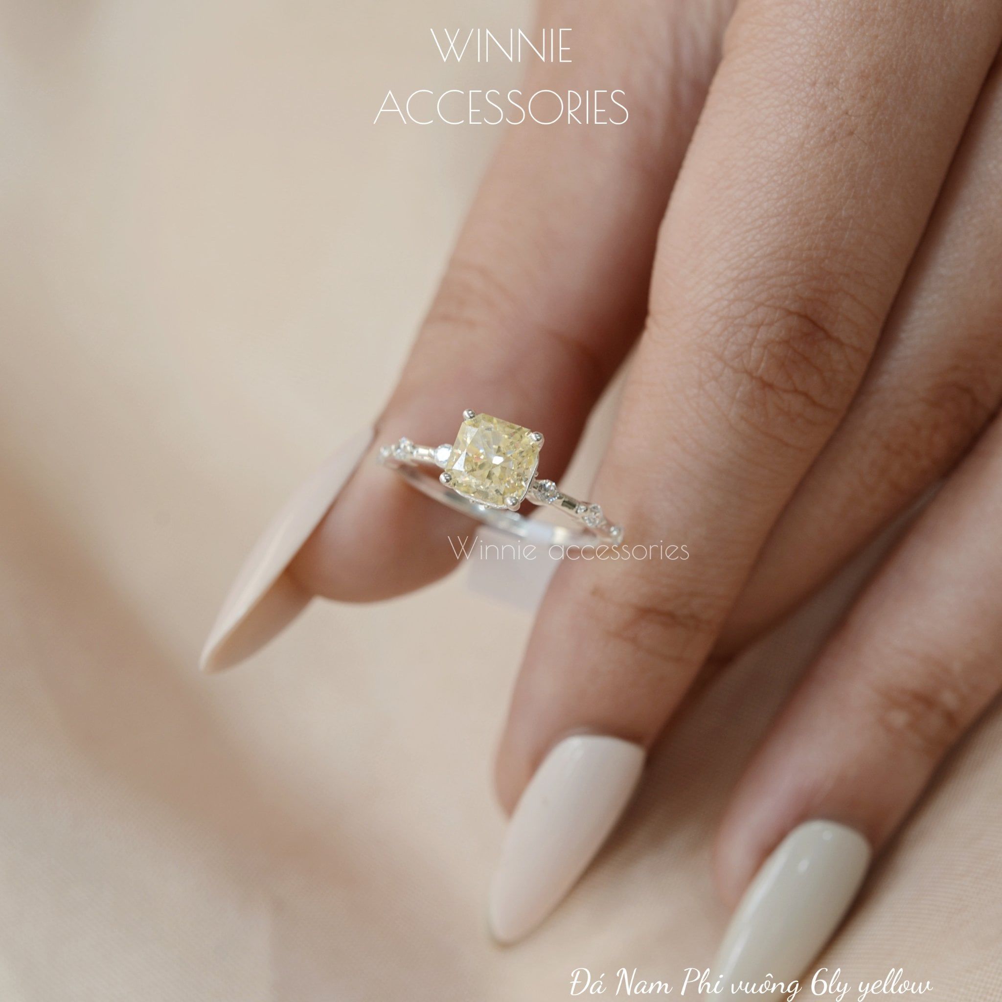  Nhẫn Bạc S925 Đá Nam Phi Vuông 6 ly - yellow 