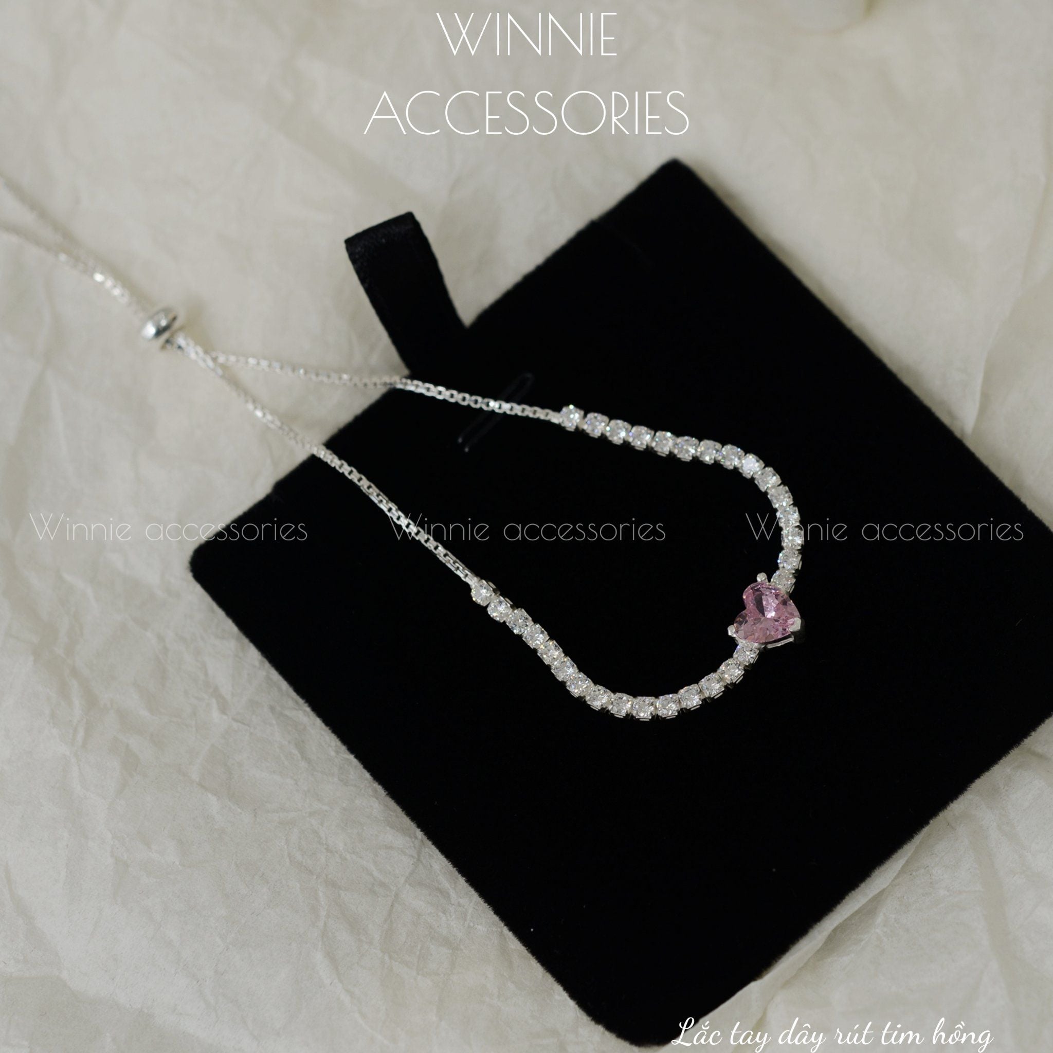  Lắc tay Bạc S925 Dây rút Tim hồng 