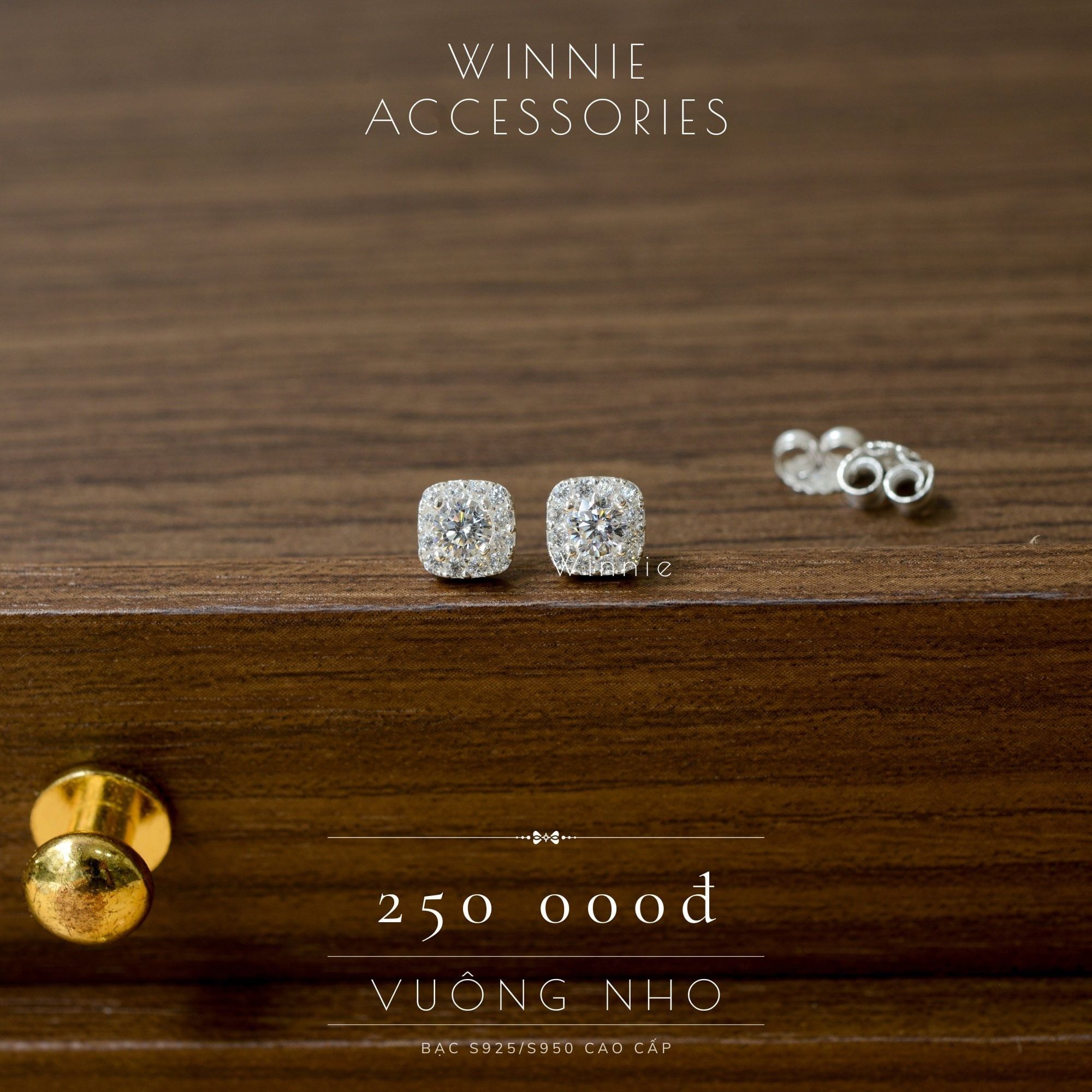  Hoa tai Bạc S925 Vuông nhỏ 