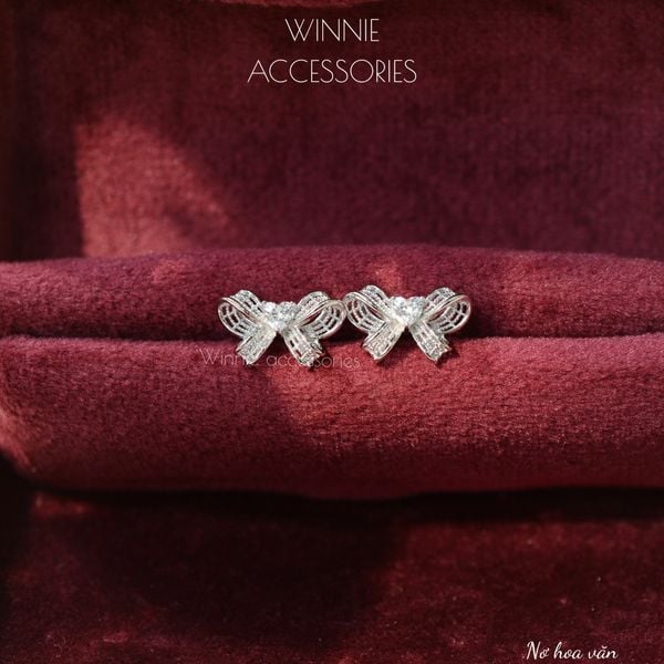  Hoa tai Bạc S925 Nơ Hoa Văn (Đã xi bạch kim) 