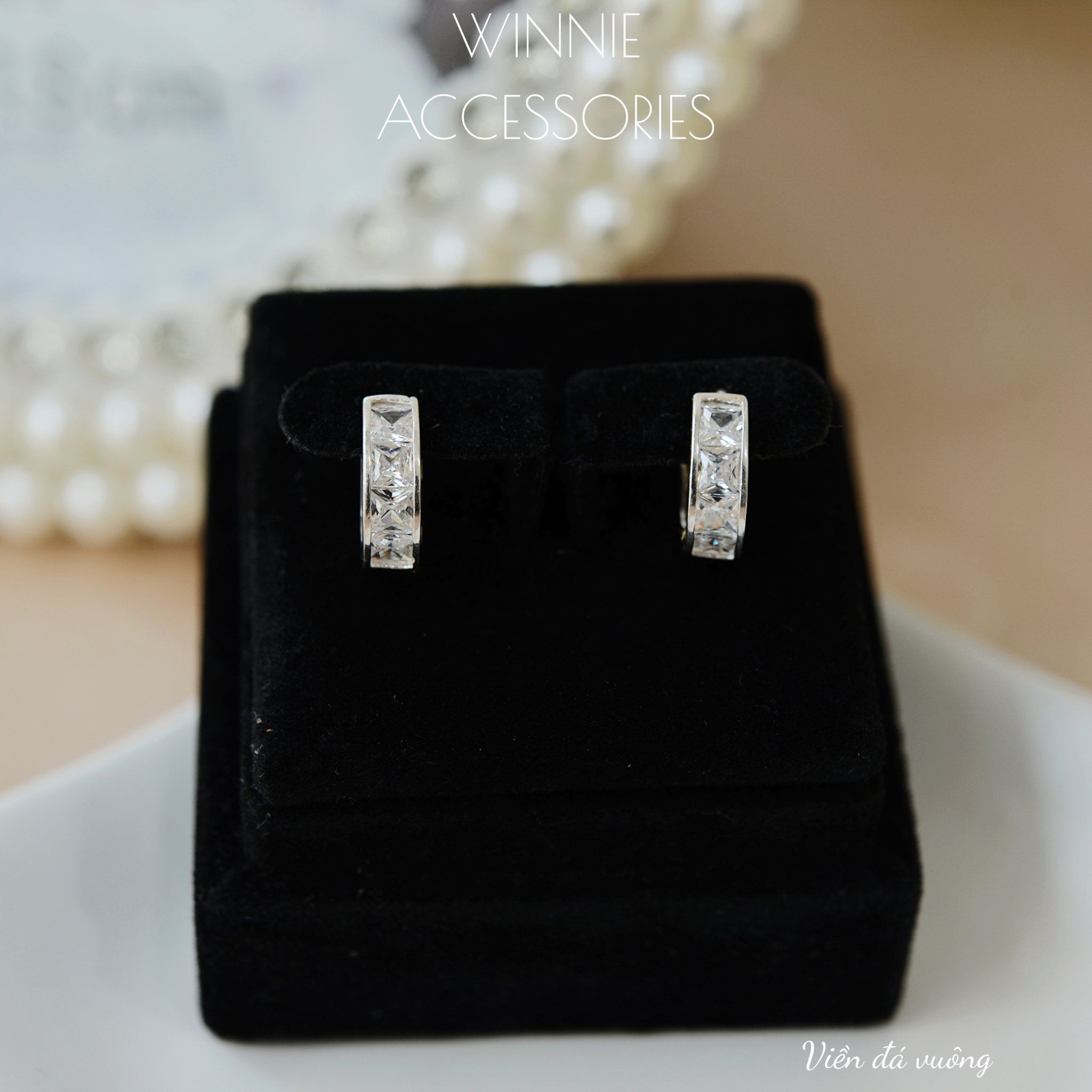  Hoa tai Bạc S925 Khoen Viền đá vuông 