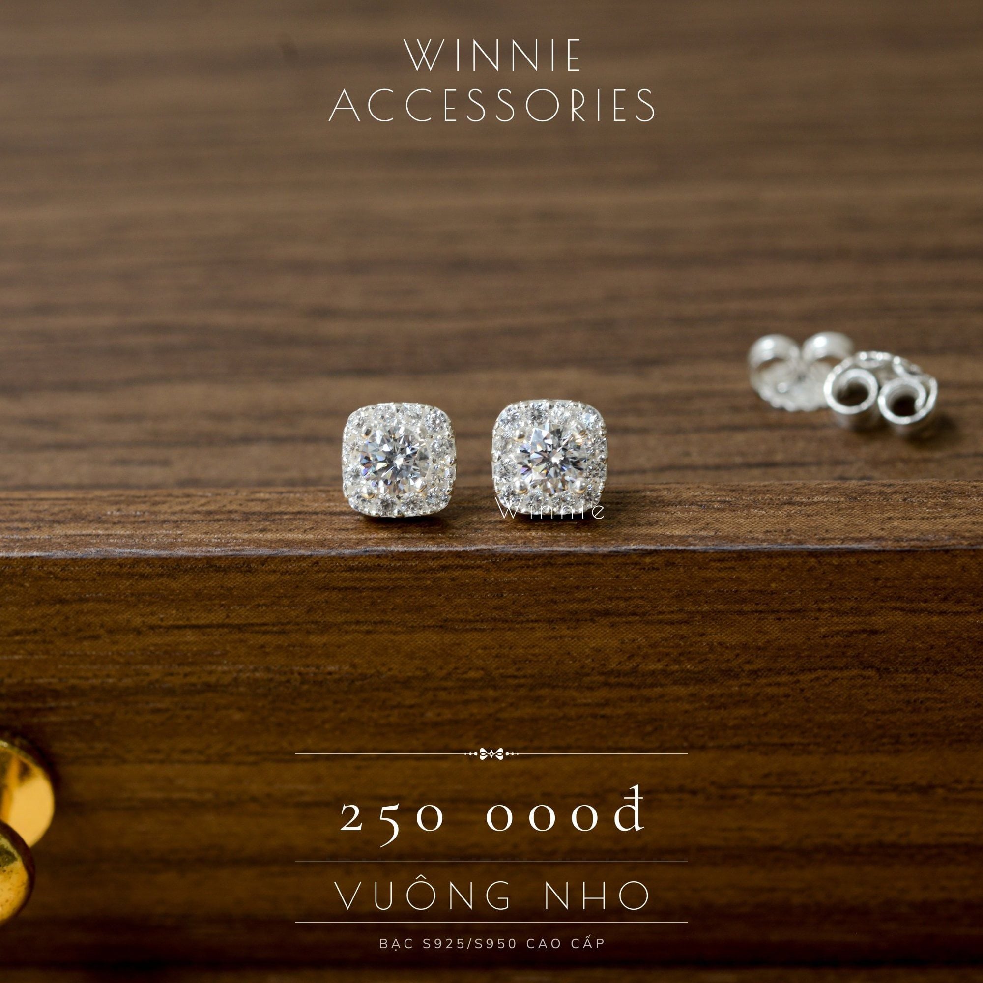  Hoa tai Bạc S925 Vuông nhỏ 