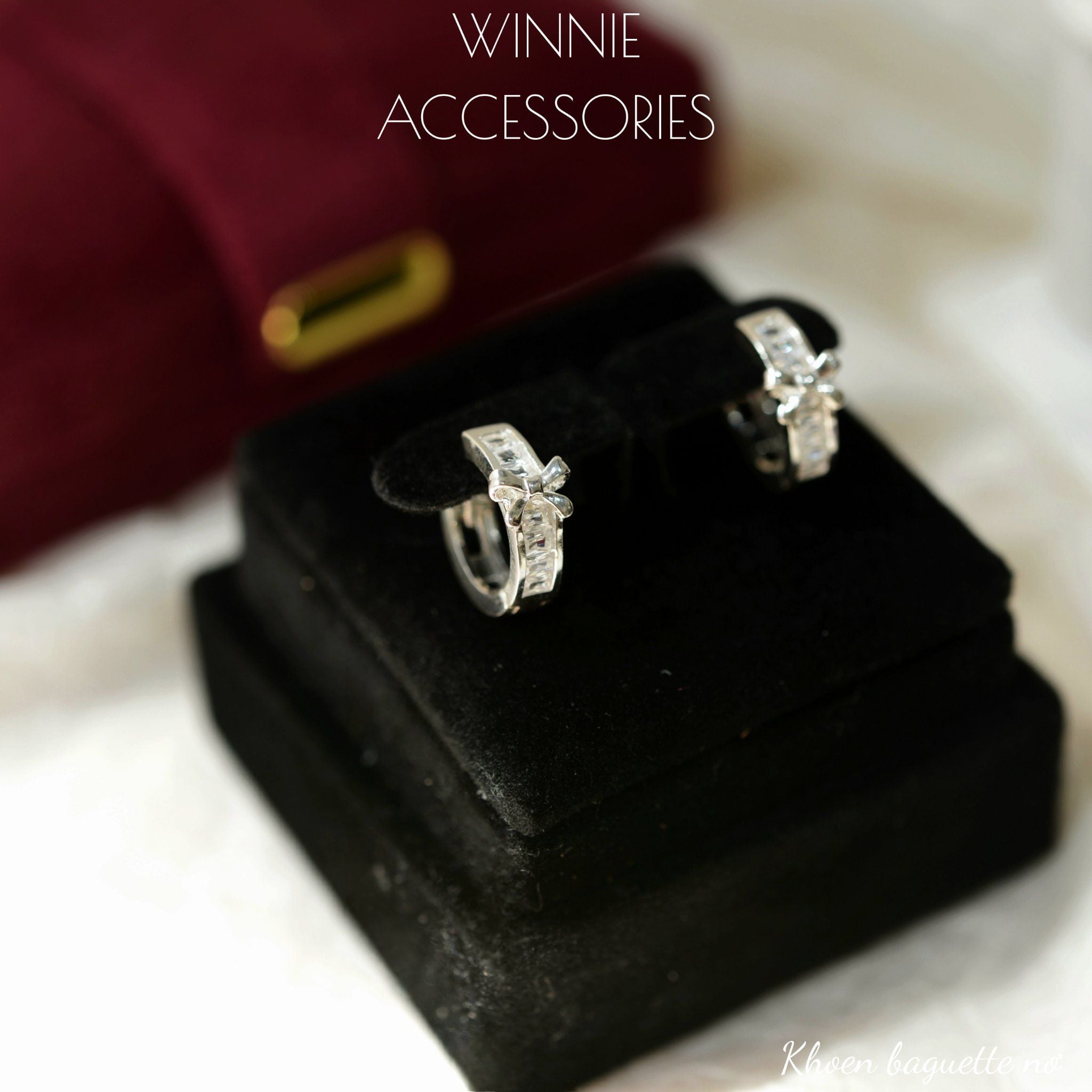  Hoa tai Bạc S925 Khoen Baguette Nơ 