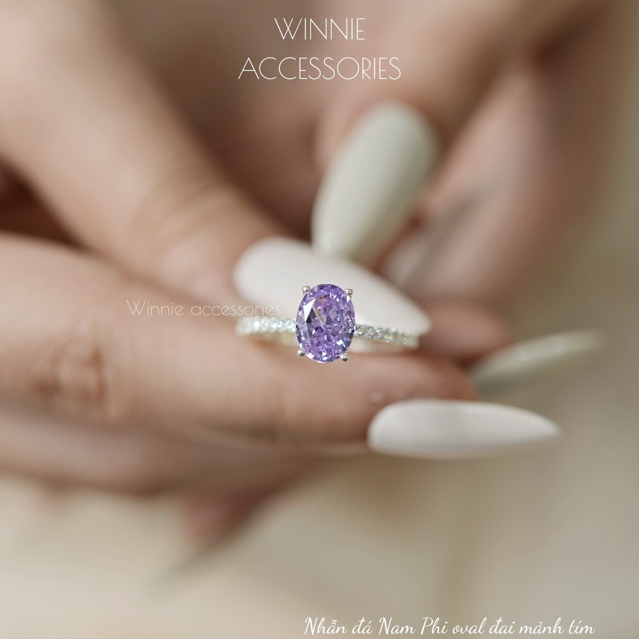  Nhẫn Bạc S925 Đá Nam Phi Oval Đai Mảnh Tím 