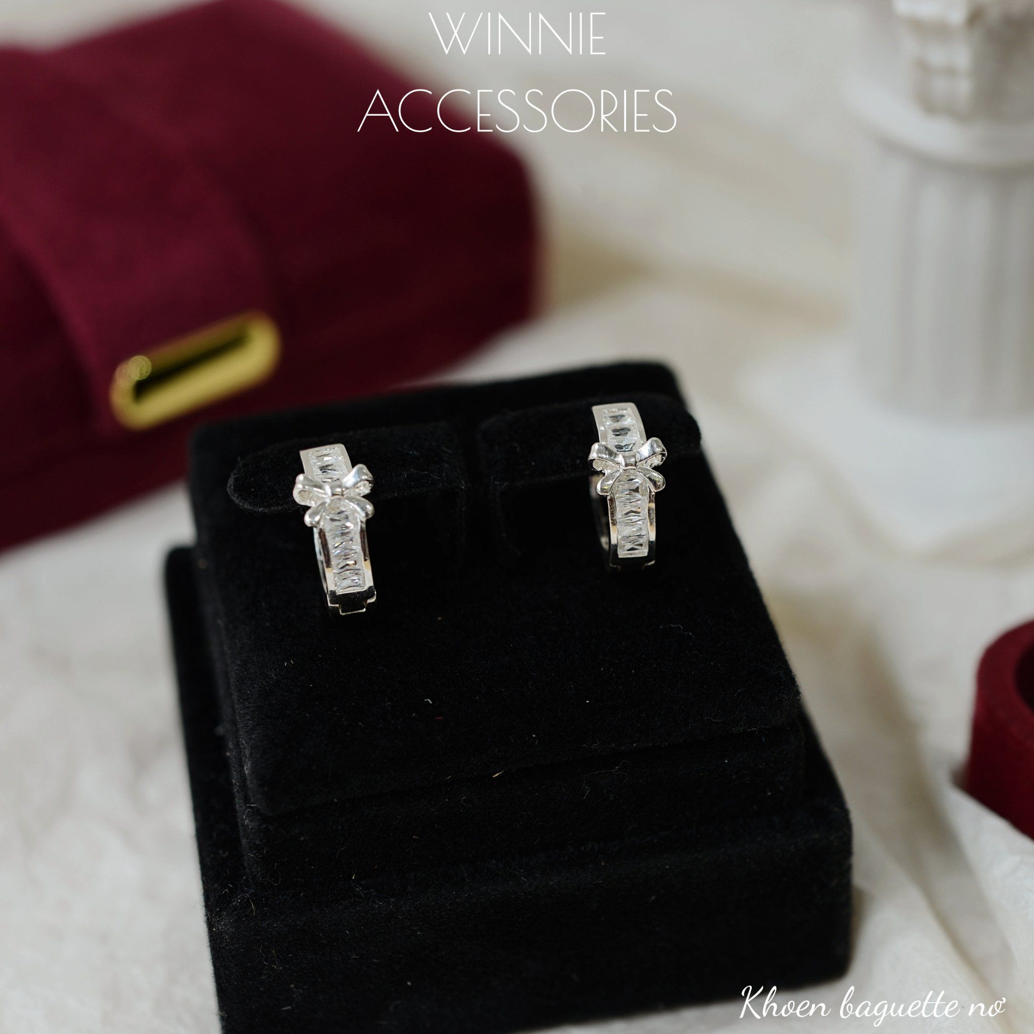  Hoa tai Bạc S925 Khoen Baguette Nơ 