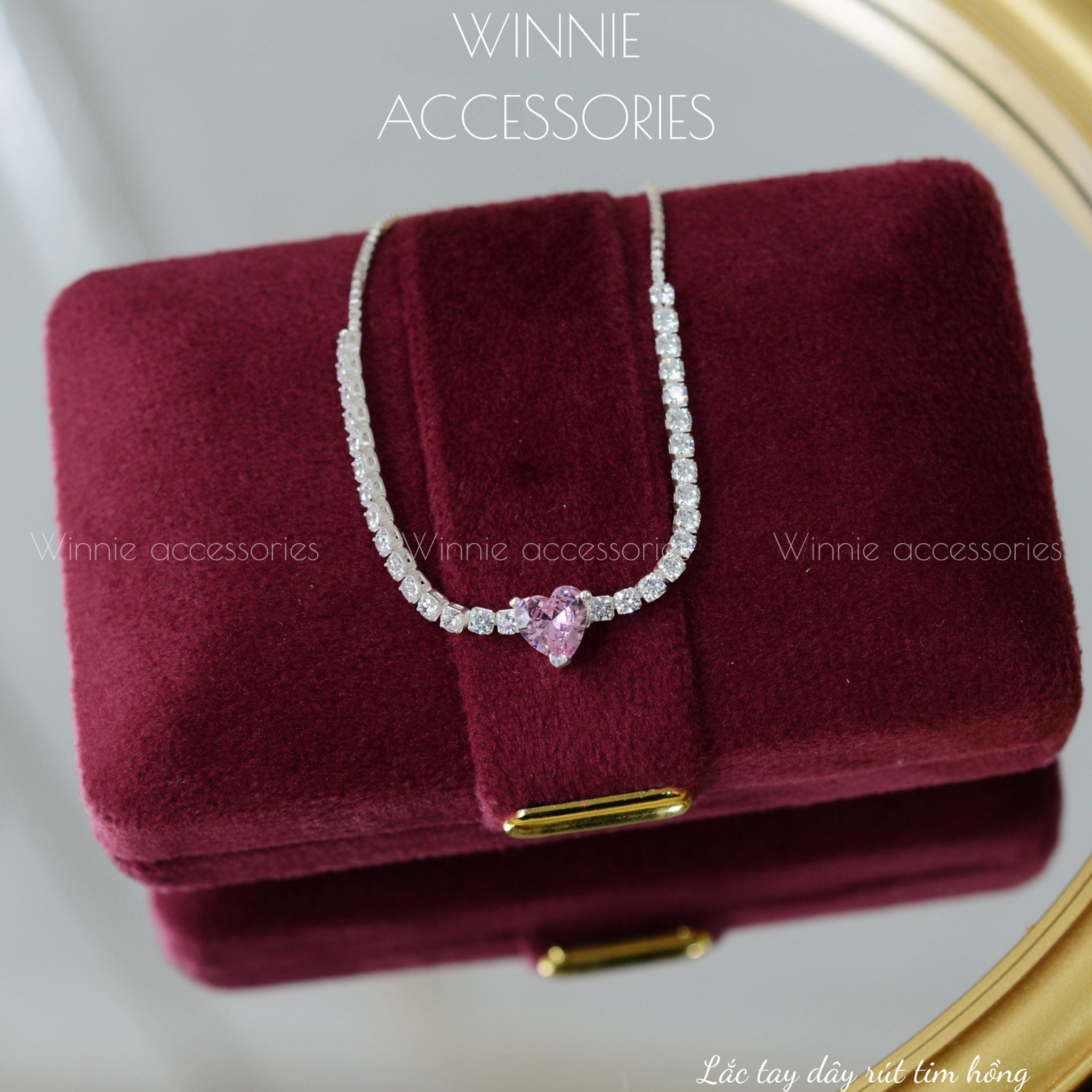  Lắc tay Bạc S925 Dây rút Tim hồng 