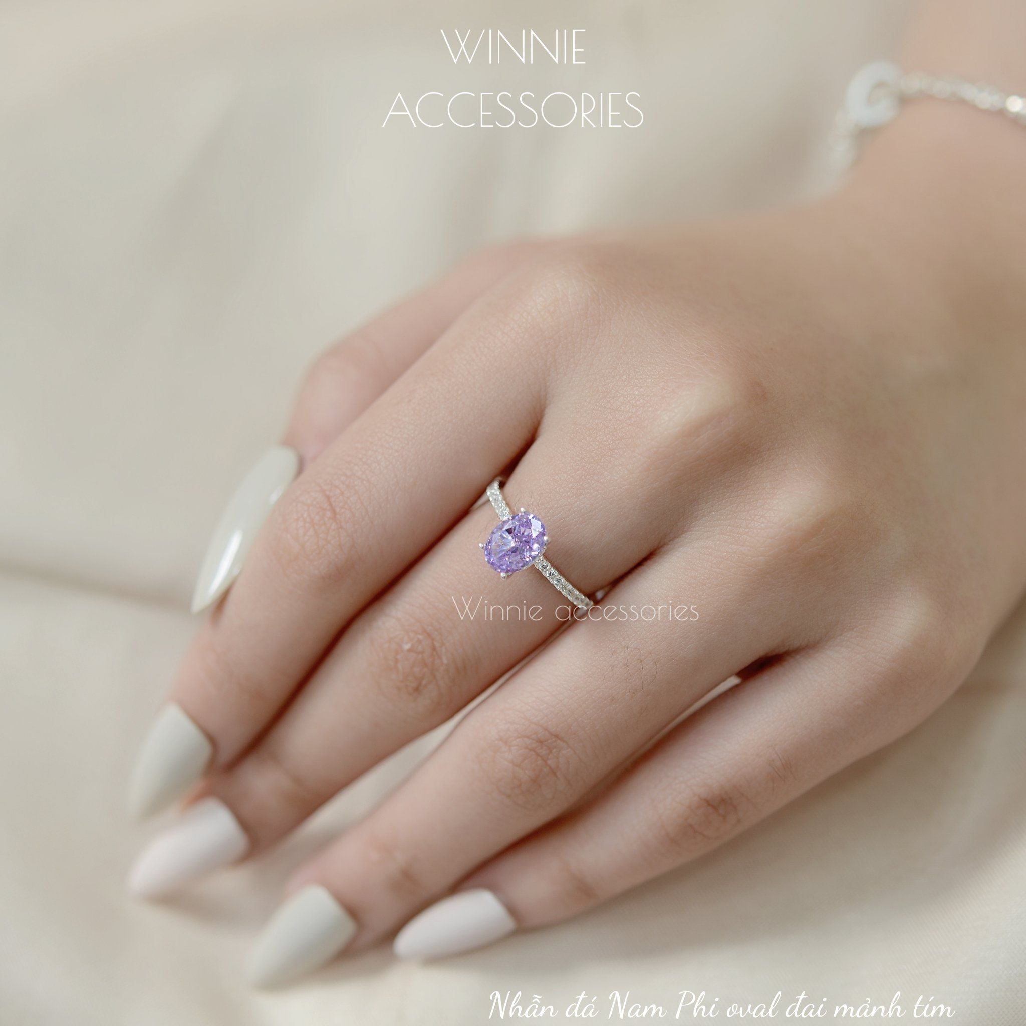  Nhẫn Bạc S925 Đá Nam Phi Oval Đai Mảnh Tím 