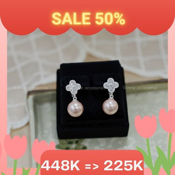  Hoa tai Bạc S925 GG Cỏ 4 lá pearl 