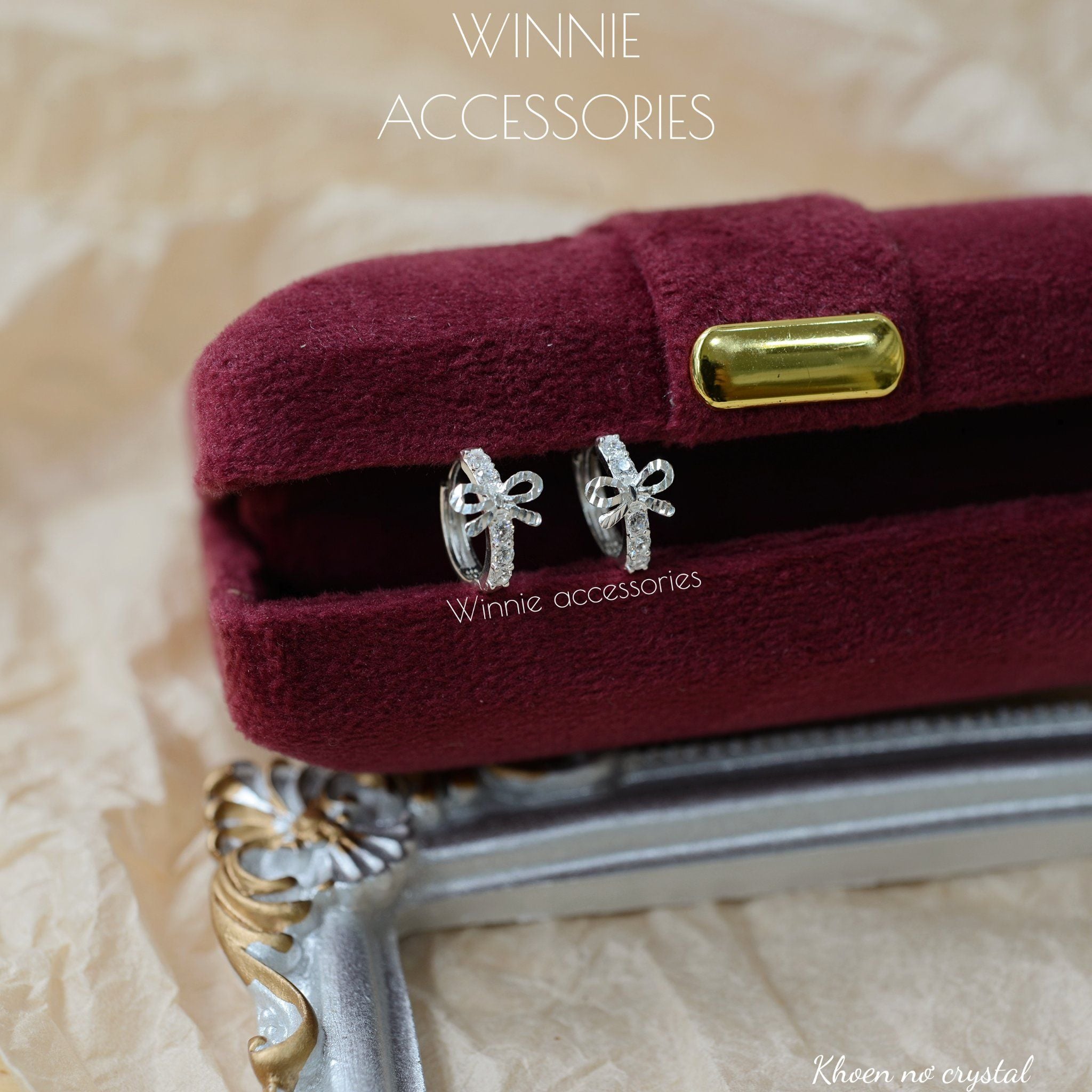  Hoa tai Bạc S925 Khoen Nơ Crystal 