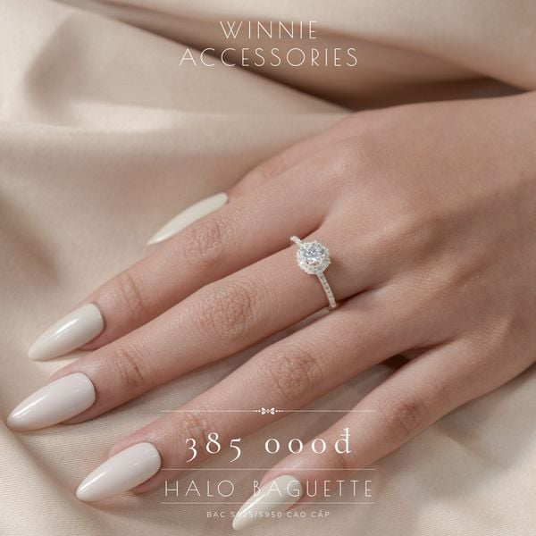  Nhẫn Bạc S925 Halo Baguette 