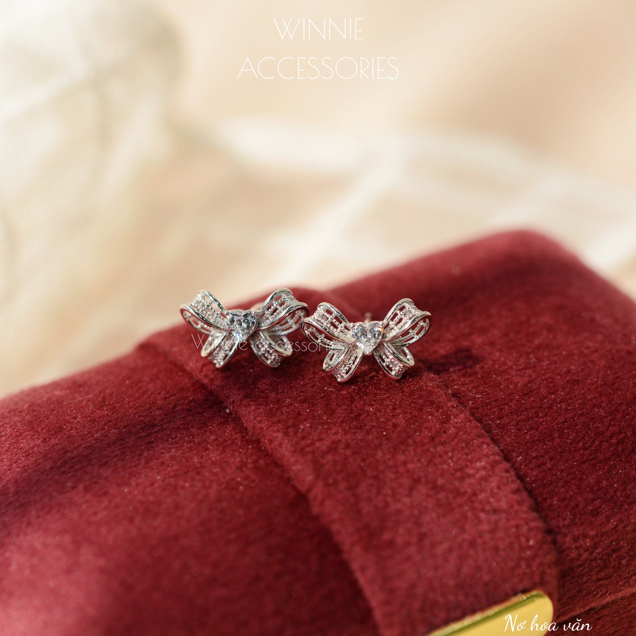  Hoa tai Bạc S925 Nơ Hoa Văn (Đã xi bạch kim) 