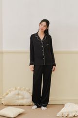 Pijama dài tay lụa trơn đen Nira Long Sleeve Set