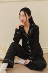 Pijama dài tay lụa trơn đen Nira Long Sleeve Set