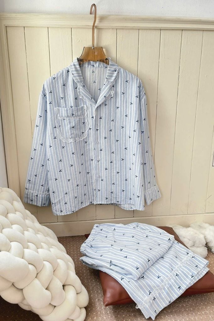 Pijama dài tay Freesize phom rộng FS Bow Stripe Long Sleeve Set