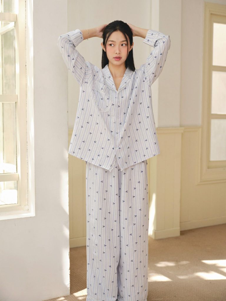 Pijama dài tay Freesize phom rộng FS Bow Stripe Long Sleeve Set