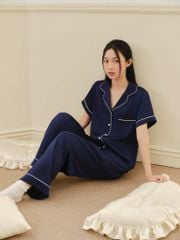 Pijama dài lụa trơn phom rộng mới Navy Long Py Set
