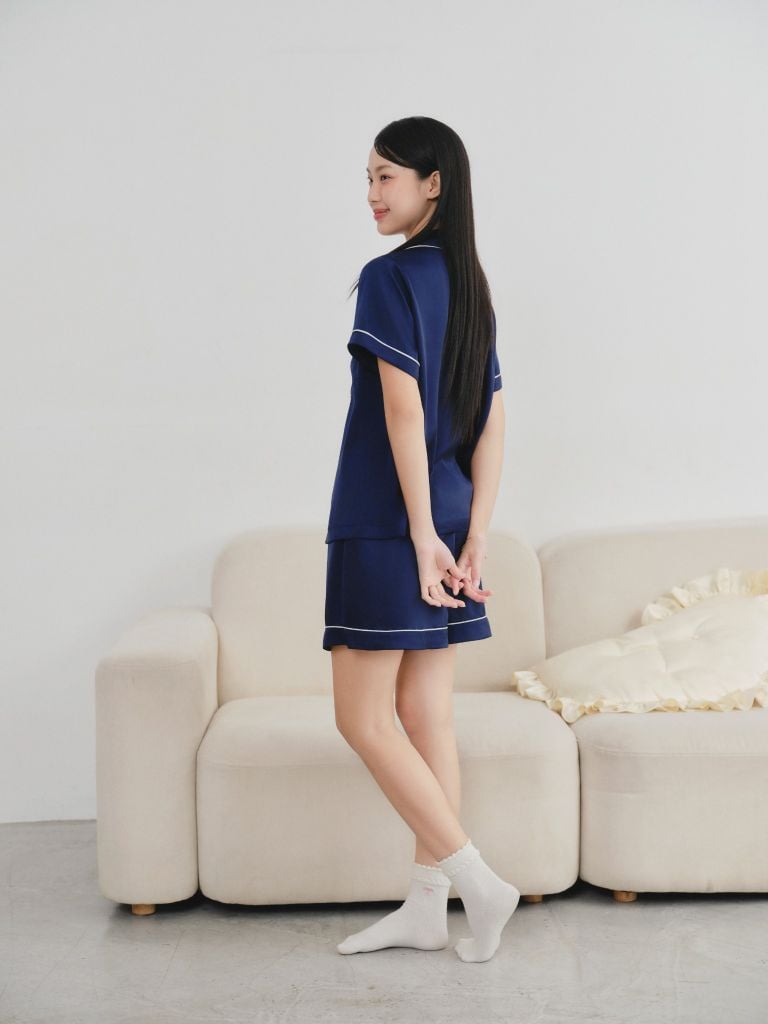 Pijama ngắn lụa trơn phom mới Navy Silk Py Set