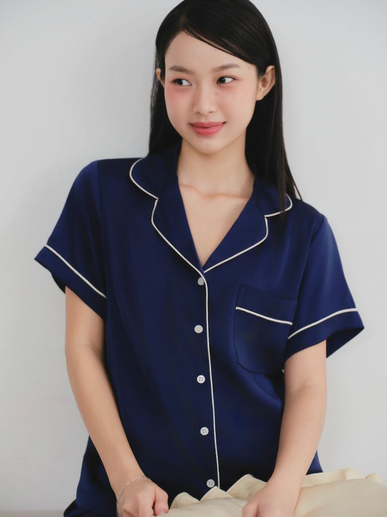 Pijama ngắn lụa trơn phom mới Navy Silk Py Set