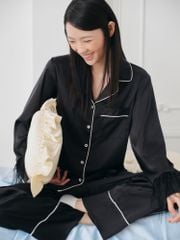 Pijama dài tay lụa trơn Audrey Long Sleeve Set in Black