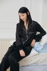 Pijama dài tay lụa trơn Audrey Long Sleeve Set in Black