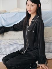 Pijama dài tay lụa trơn Audrey Long Sleeve Set in Black