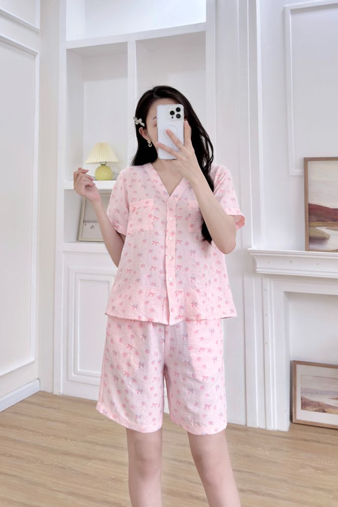 Pijama ngắn cổ V Vie Pink Py Set