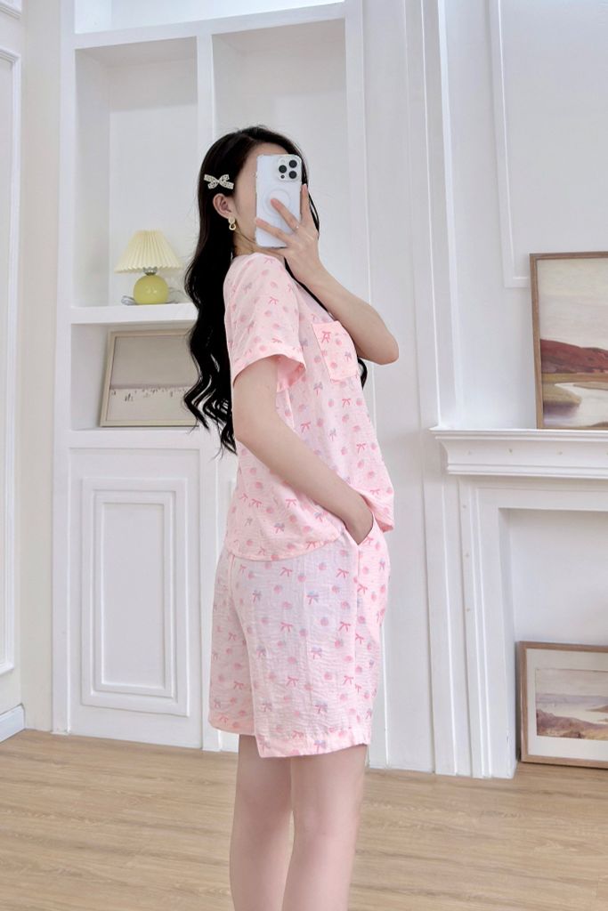 Pijama ngắn cổ V Vie Pink Py Set