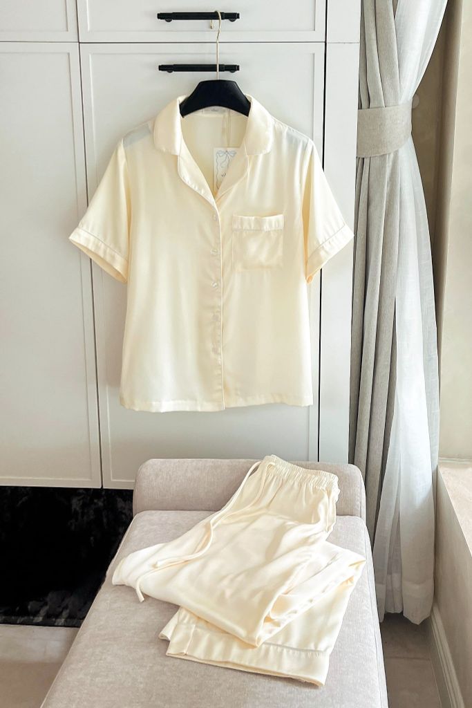 Pijama dài lụa trơn phom rộng mới Ivory Long Py Set