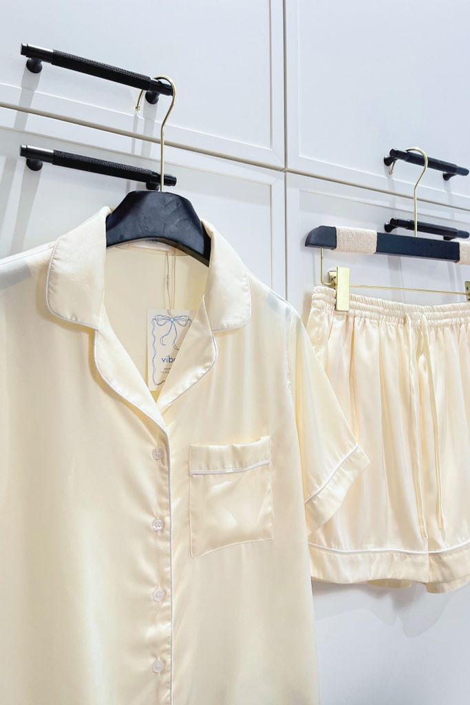 Pijama ngắn lụa trơn phom mới Ivory Silk Py Set