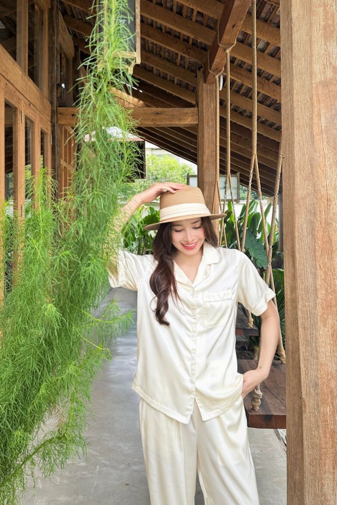Pijama dài lụa trơn phom rộng mới Ivory Long Py Set