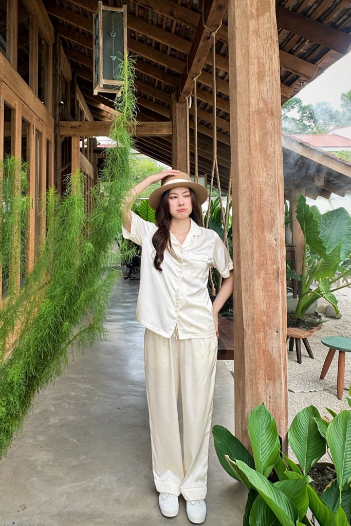 Pijama dài lụa trơn phom rộng mới Ivory Long Py Set