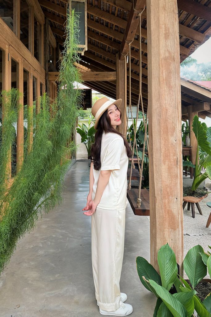Pijama dài lụa trơn phom rộng mới Ivory Long Py Set
