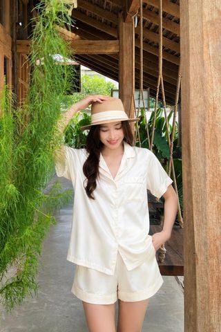 Pijama ngắn lụa trơn phom mới Ivory Silk Py Set