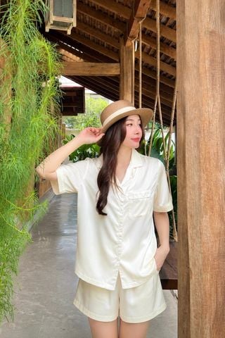 Pijama ngắn lụa trơn phom mới Ivory Silk Py Set