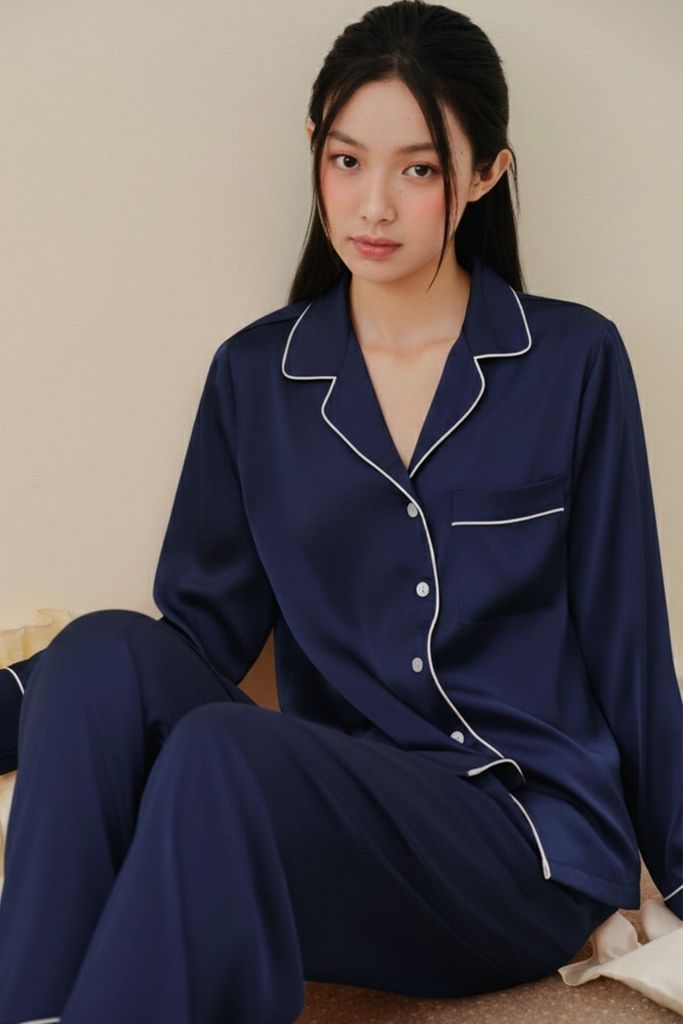 Pijama dài tay lụa trơn xanh đen Navie Long Sleeve Set