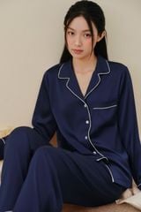 Pijama dài tay lụa trơn xanh đen Navie Long Sleeve Set