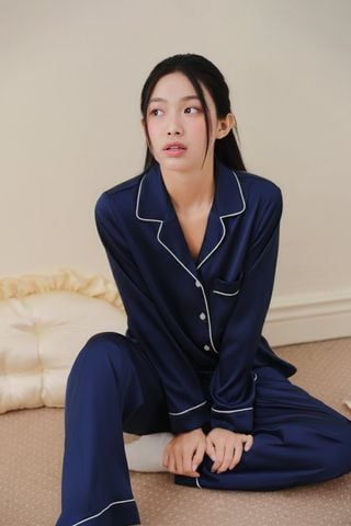 Pijama dài tay lụa trơn xanh đen Navie Long Sleeve Set