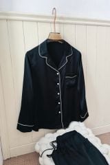 Pijama dài tay lụa trơn đen Nira Long Sleeve Set