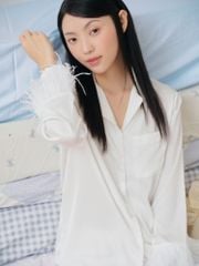 Pijama dài tay lụa trơn Audrey Long Sleeve Set in White