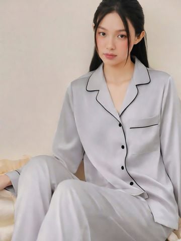 Pijama dài tay lụa trơn xám Moon Long Sleeve Set