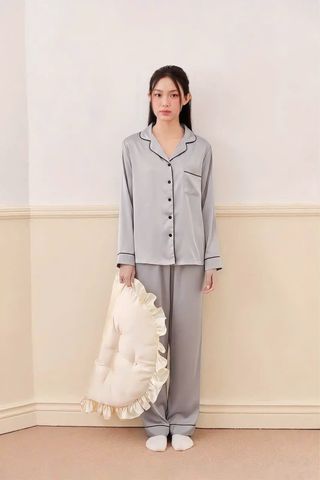 Pijama dài tay lụa trơn xám Moon Long Sleeve Set
