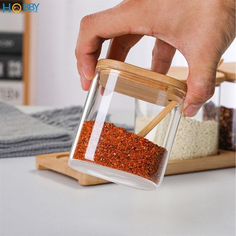 Combo 3 hũ thủy tinh nắp gỗ đựng gia vị Hobby home decor GVV1 có muỗng